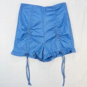 Glamaker Shorts Womens Medium Blue Ruched Ruffle Hem High Waist Drawstring Tie